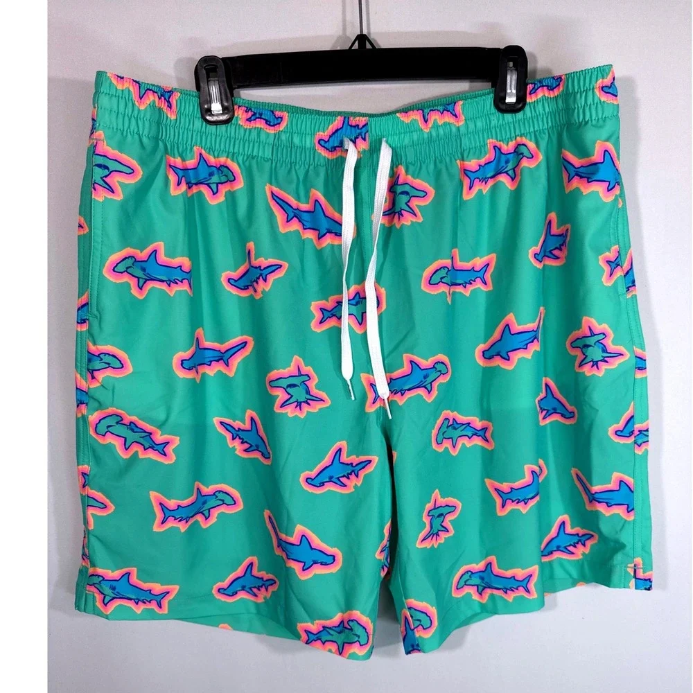 Chubbies Swim Trunks Teal Blue Pink Shark Print Drawstring Pockets Mens XXL NWOT